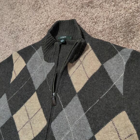 J. Crew Men's L 100% Lambs Wool Diamond Brown Full Zip Sweater Jacket - Picture 2 of 8